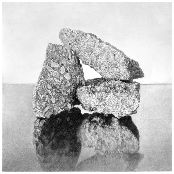 Realistic graphite drawing of a small cairn made from debris, reflected on a glossy surface.