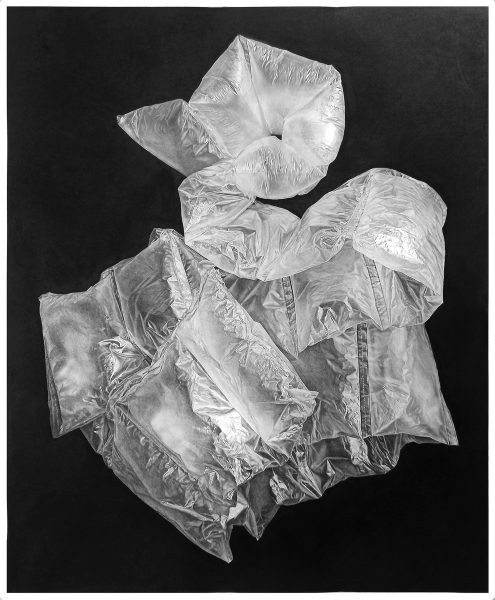 A meticulously detailed pencil drawing of inflated volume-filling plastic bags, commonly used for packaging. The artwork showcases the translucent, crinkled texture of the bags, with intricate folds, creases, and subtle highlights that convey their lightweight and airy nature. The overlapping bags create an abstract composition, while the dark background enhances the contrast and highlights the delicate transparency of the material.