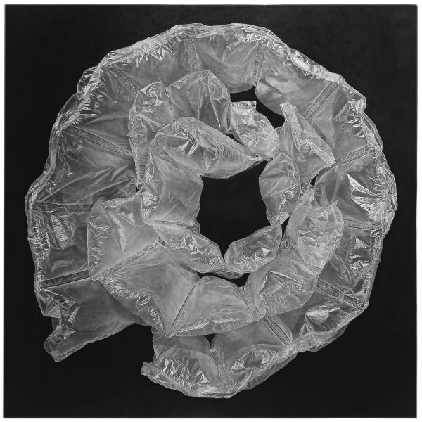 A detailed black and white drawing of a circular arrangement made from transparent plastic packaging material, resembling air-filled protective wrapping. The plastic forms a spiral-like structure with crinkled textures and soft highlights, set against a dark background that emphasizes its delicate, almost sculptural appearance
